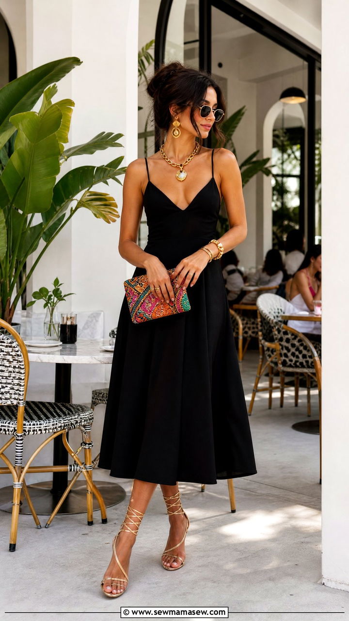 Black Midi Dress with Statement Jewelry - 25 Brunch outfit ideas with a midi dress