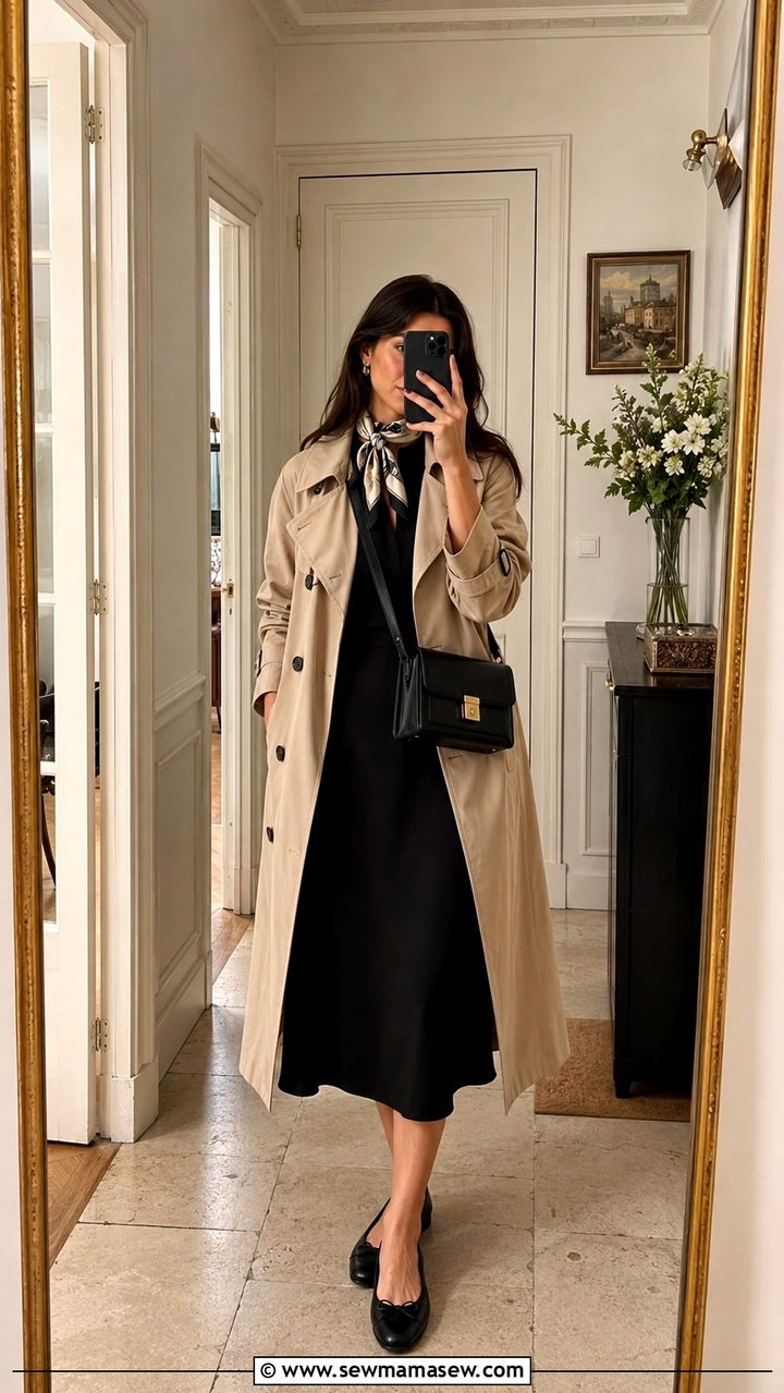 Black Midi Dress with Trench Coat and Ballet Flats - 30 spring paris trip outfit ideas