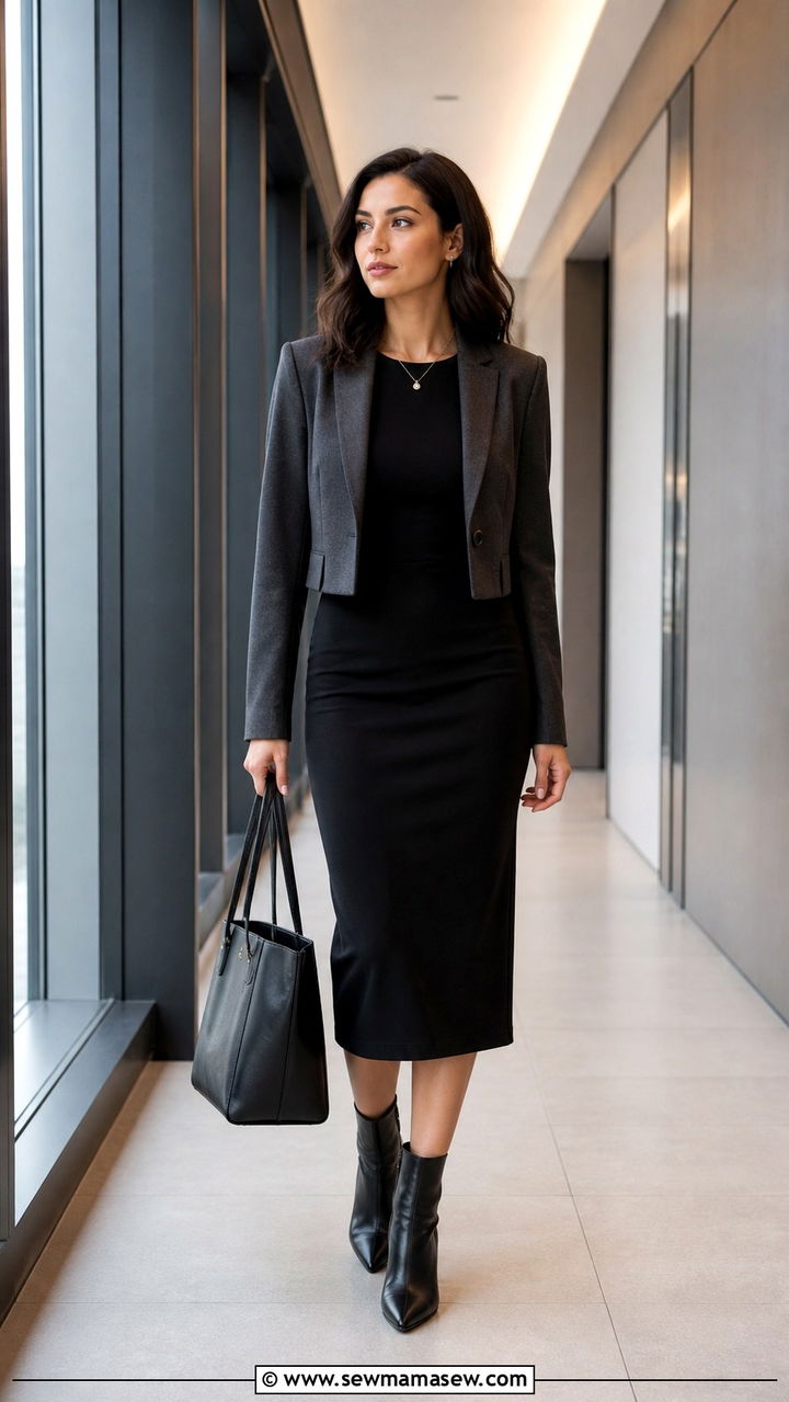Black Midi Dress with a Cropped Blazer - 40 business casual outfits for women