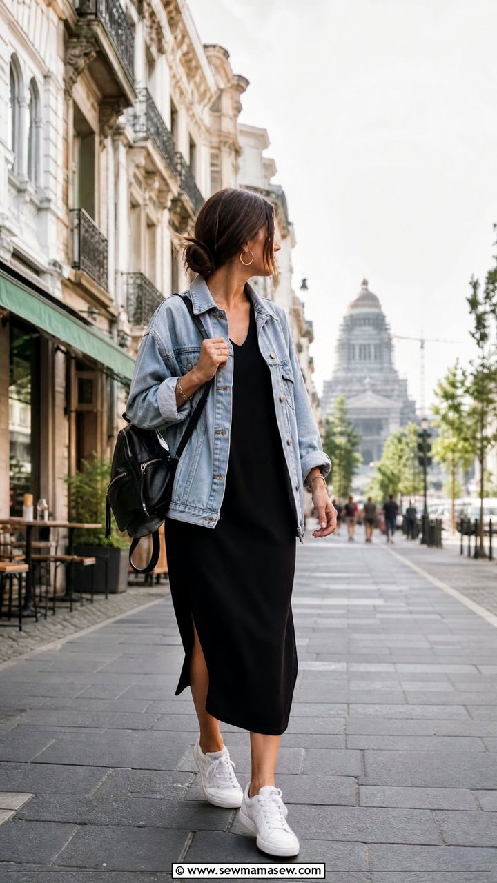 Black Midi Dress with a Denim Jacket and White Sneakers - 25 Brussels outfit ideas