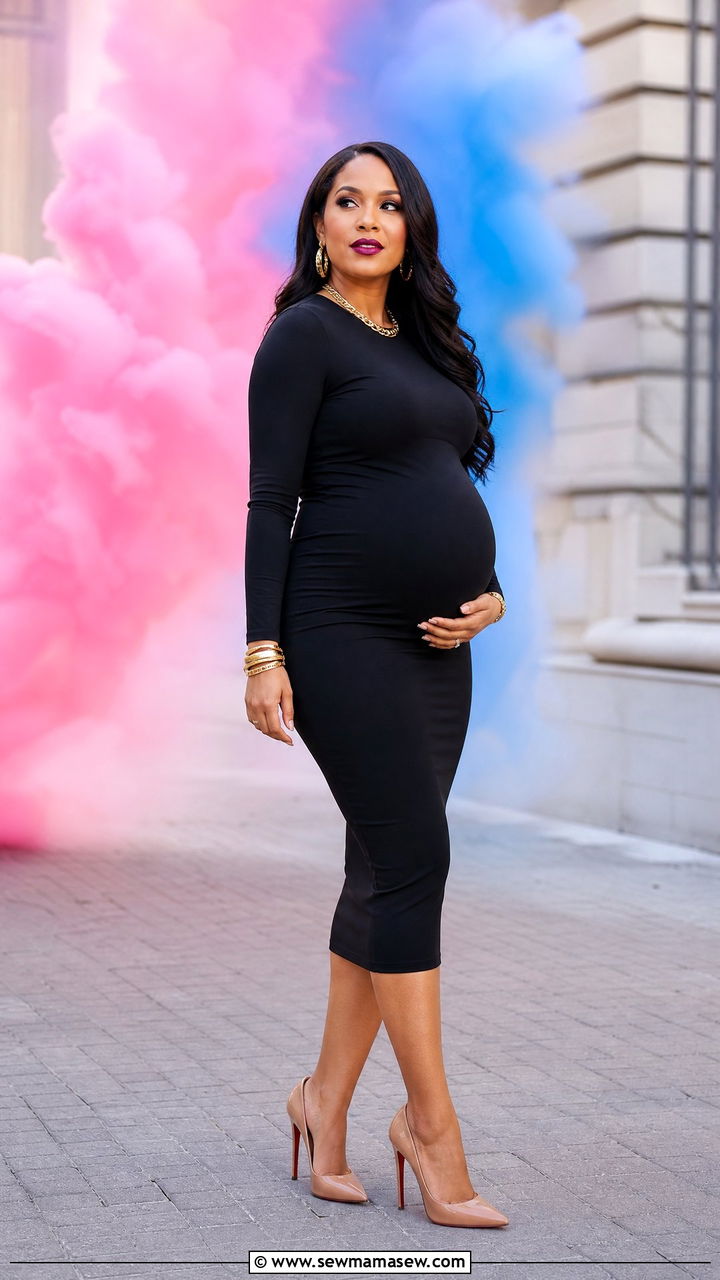 Black Midi Maternity Dress for Gender Reveal - 25 Maternity outfit ideas for gender reveal