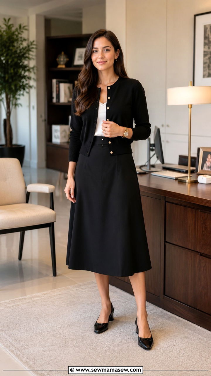 Black Midi Skirt With Black Cardigan - 30 Kindergarten teacher outfit ideas