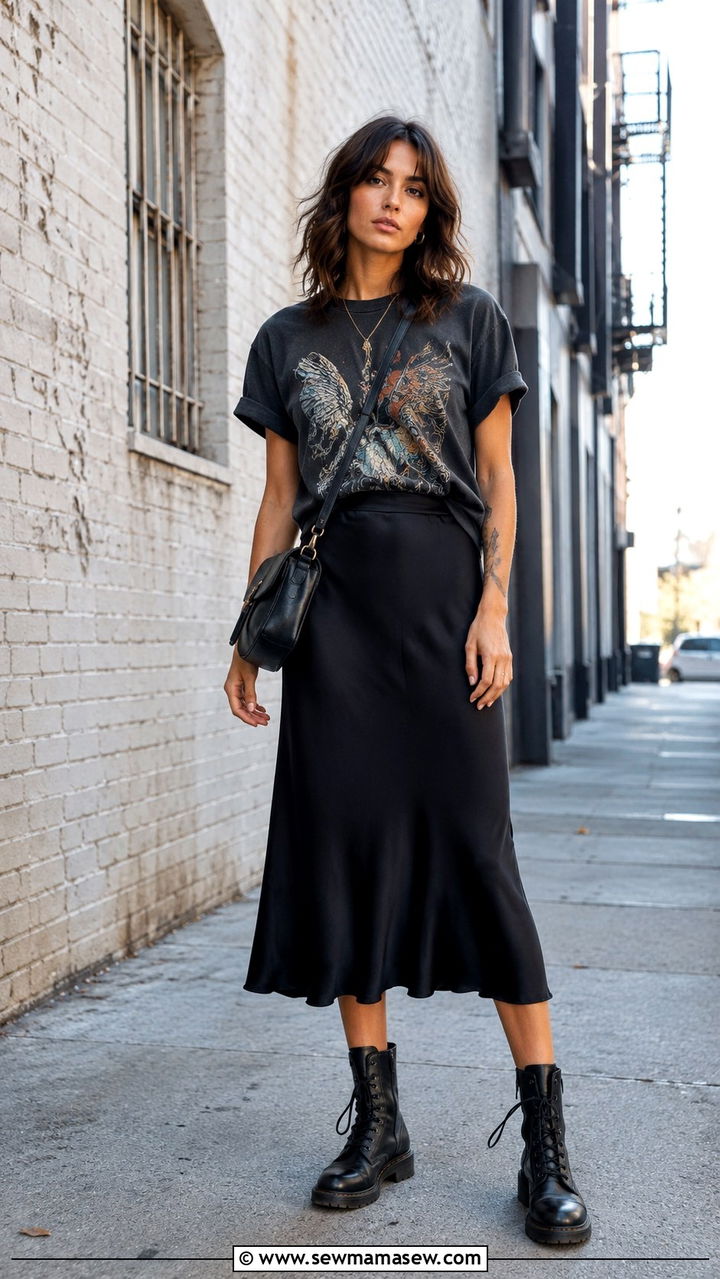 Black Midi Skirt With Graphic Tee And Combat Boots - 30 Spring outfits with midi skirts