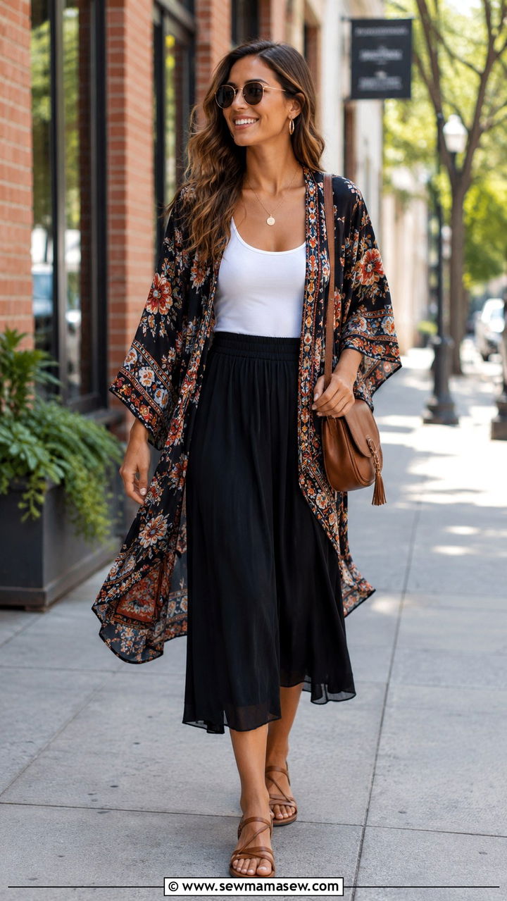 Black Midi Skirt With Kimono And Tank - 25 Boho outfit ideas with midi skirt