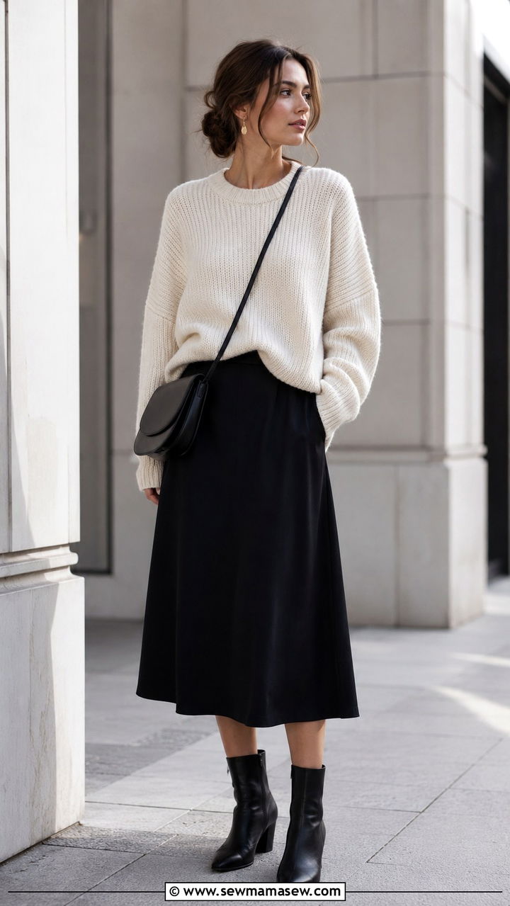 Black Midi Skirt With Oversized Knit - 30 Scandi minimalist outfit ideas