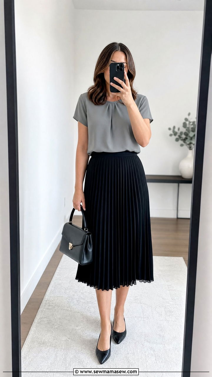 Black Midi Skirt With Short Sleeve Blouse - 25 Funeral outfits for summer