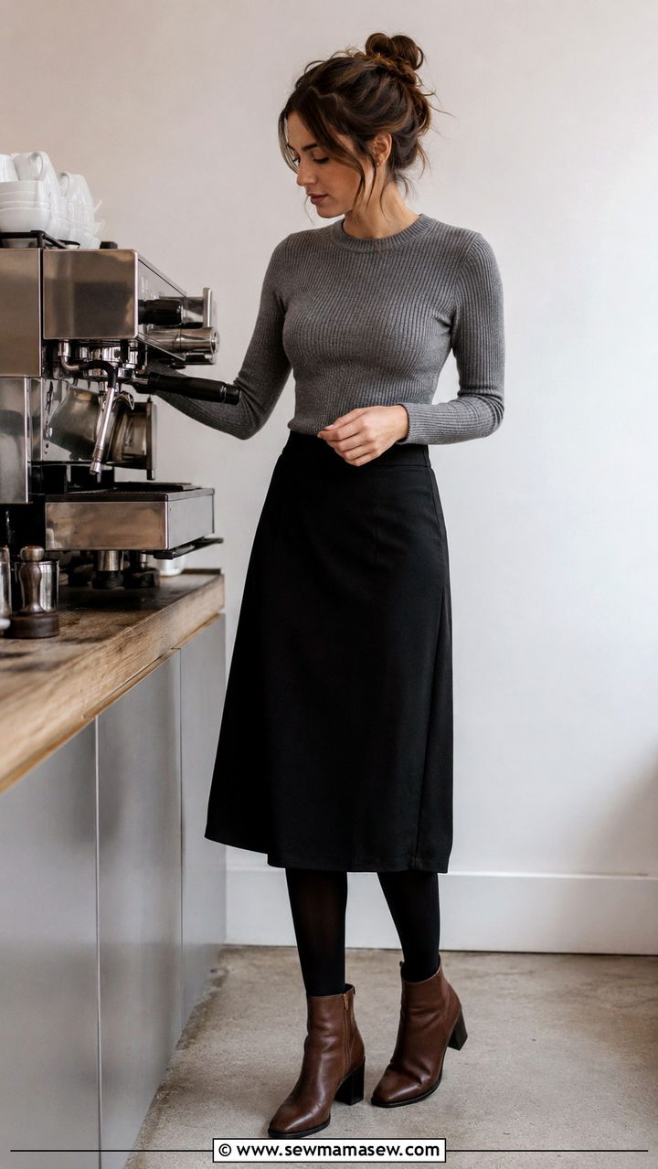 Black Midi Skirt and Ankle Boots Barista Outfit - 20 Barista outfit ideas