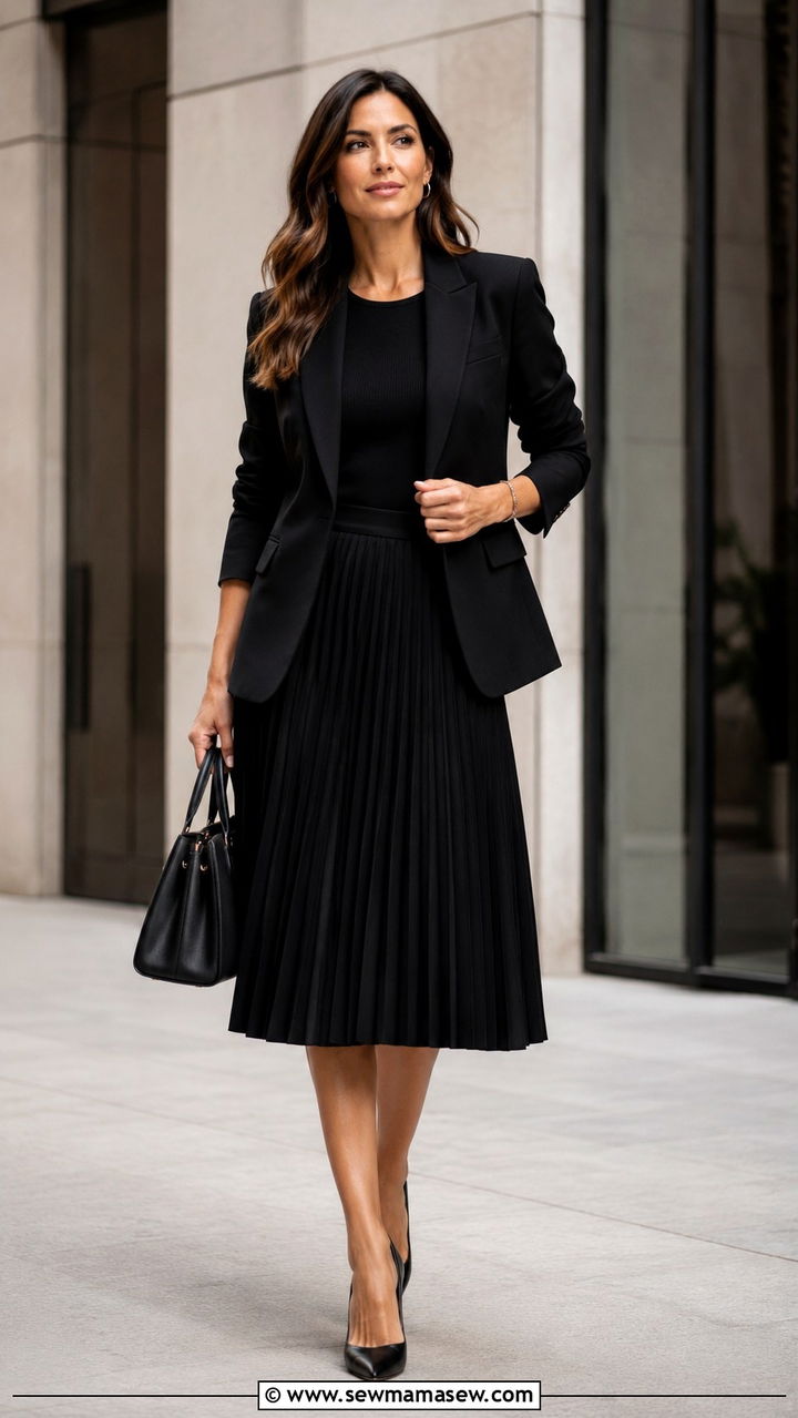 Black Midi Skirt and Black Blazer - 30 Midi skirt outfit ideas with a blazer
