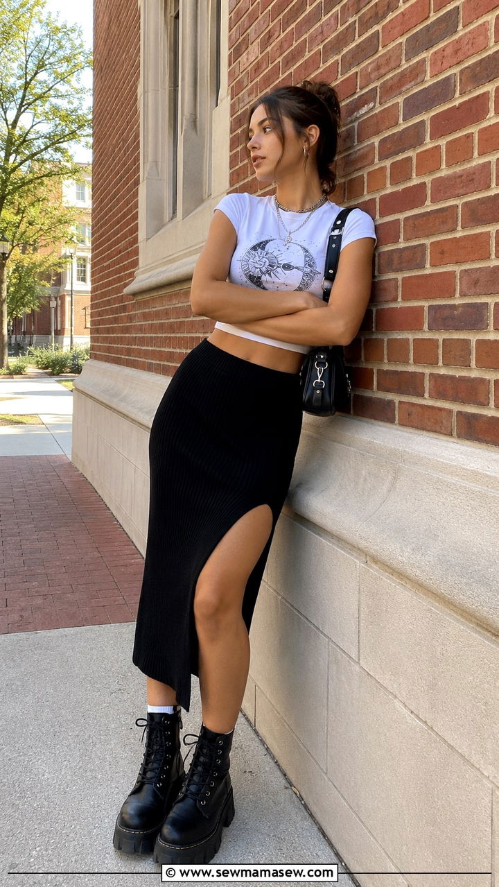 Black Midi Skirt and Graphic Baby Tee Outfit - 30 Spring outfits for college students