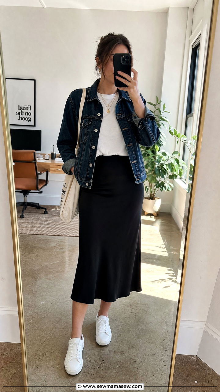Black Midi Skirt with Denim Jacket - 25 Business casual outfits with skirt