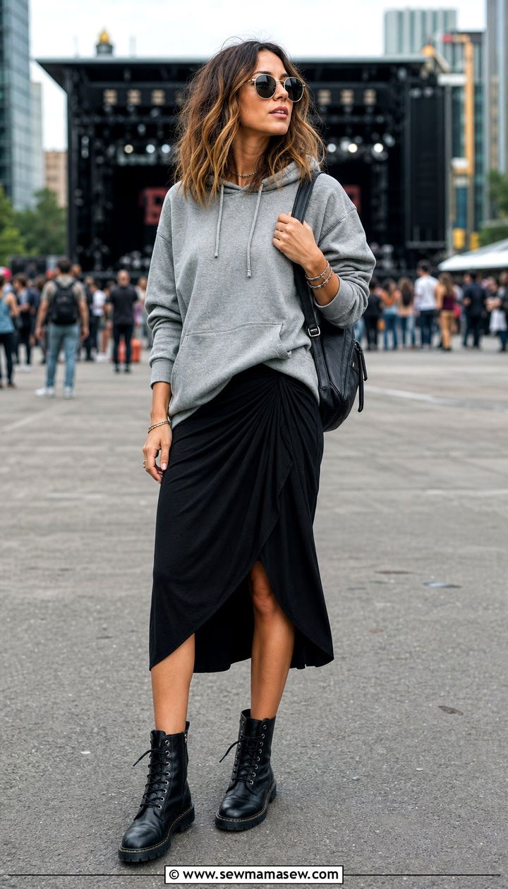 Black Midi Skirt with Hoodie and Combat Boots - 35 casual midi skirt outfits