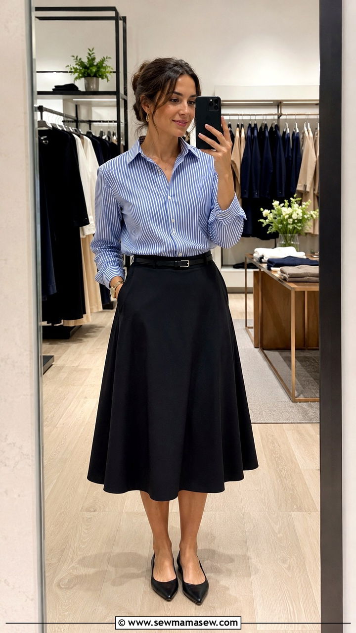 Black Midi Skirt with Striped Button Down and Belt - 25 Retail manager outfit ideas
