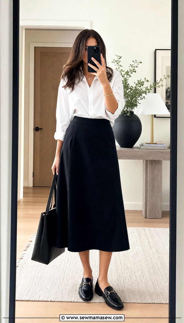 Black Midi Skirt with White Button Down and Loafers - 35 casual midi skirt outfits