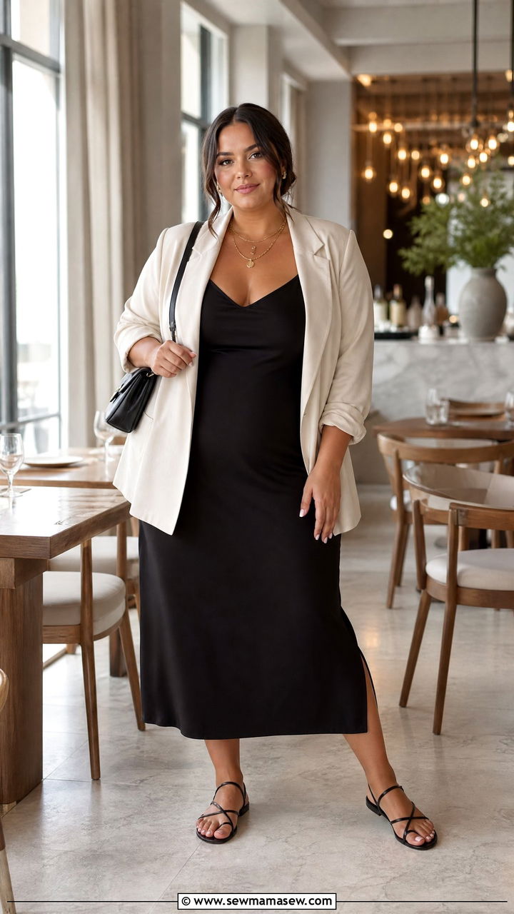 Black Midi Slip Dress Under a Cream Blazer With Strappy Sandals - 25 Plus size outfit ideas clean girl