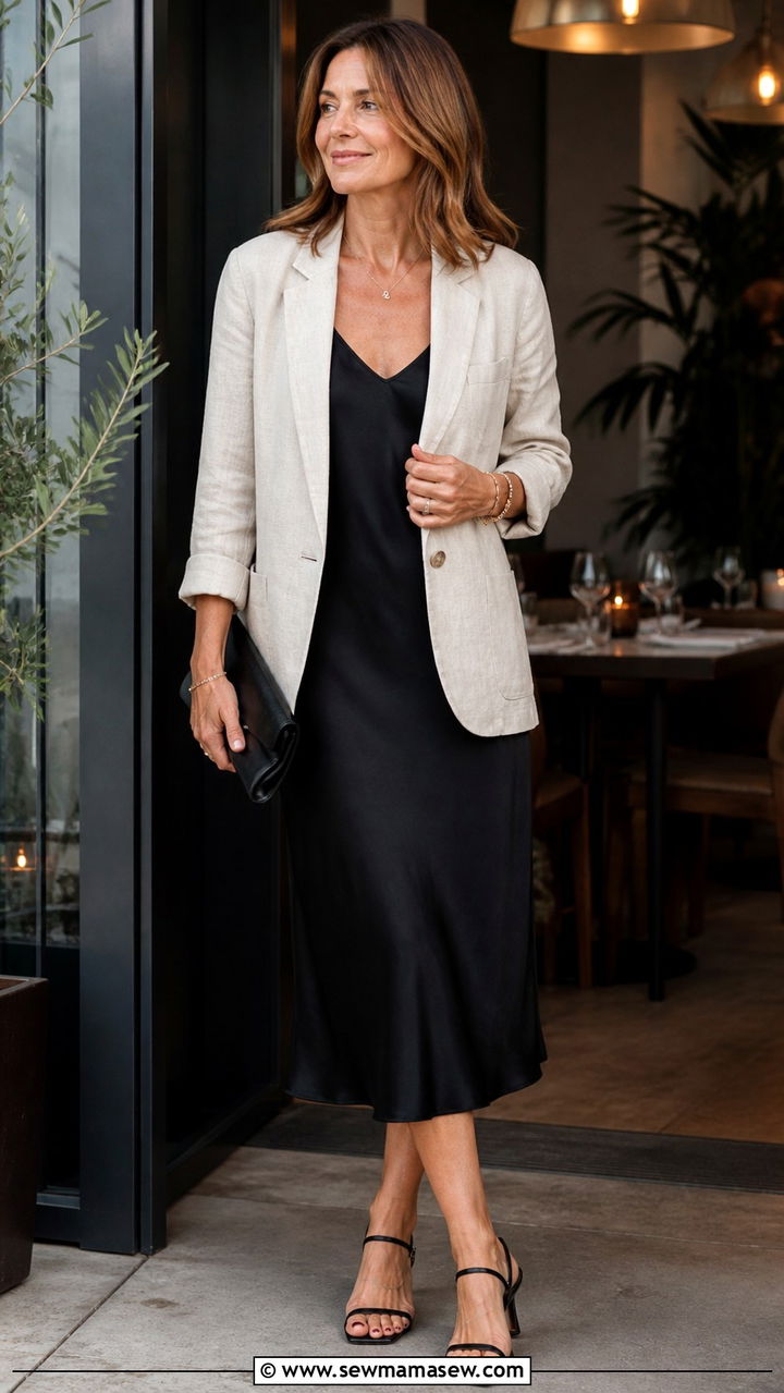 Black Midi Slip Dress and Linen Blazer Outfit - 40 Summer outfit ideas for women over 40 2026