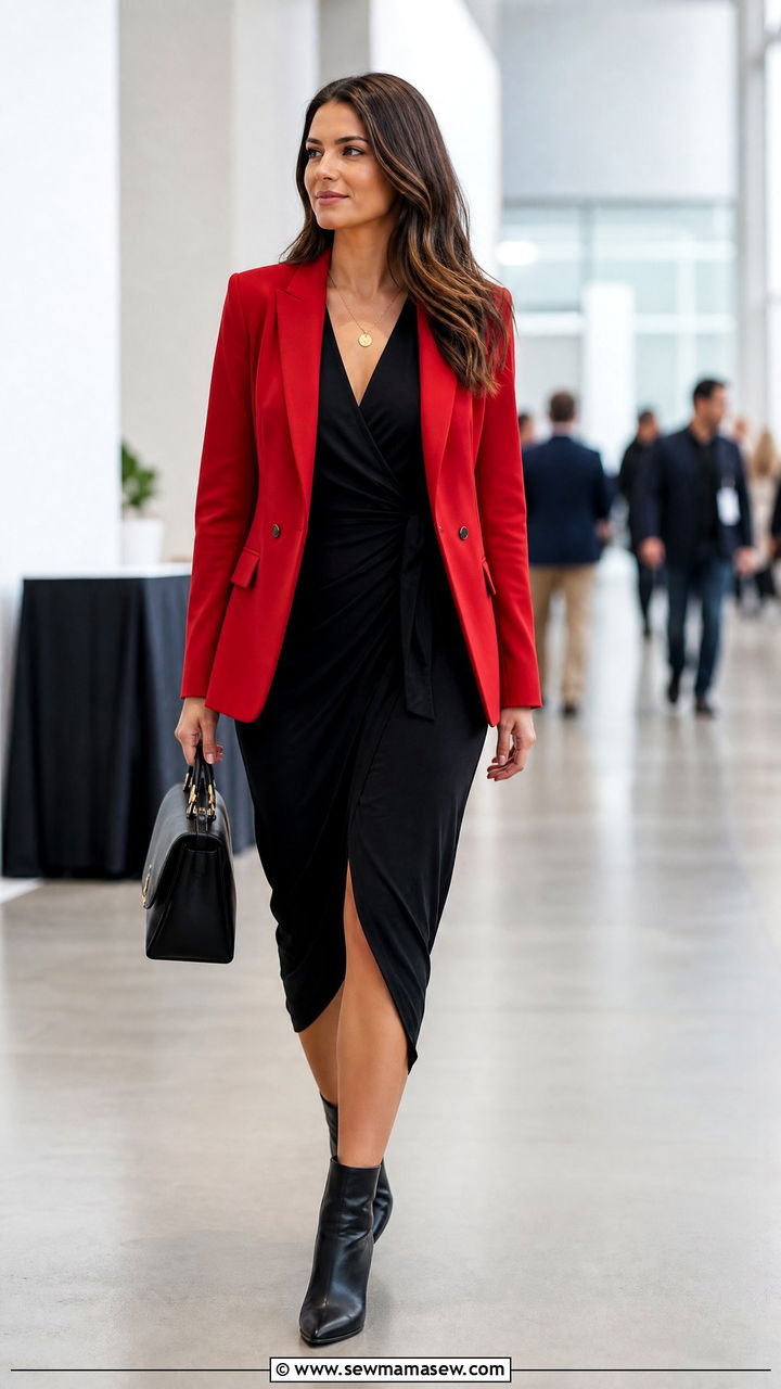 Black Midi Wrap Dress With Red Blazer Doctor Look - 25 Female doctor outfit ideas