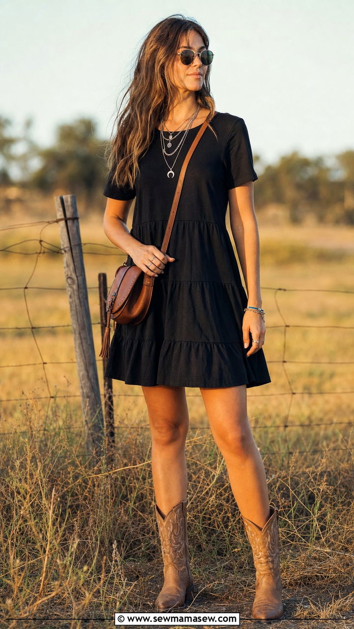Black Mini Dress With Cowboy Boots - 25 summer black dress outfit ideas