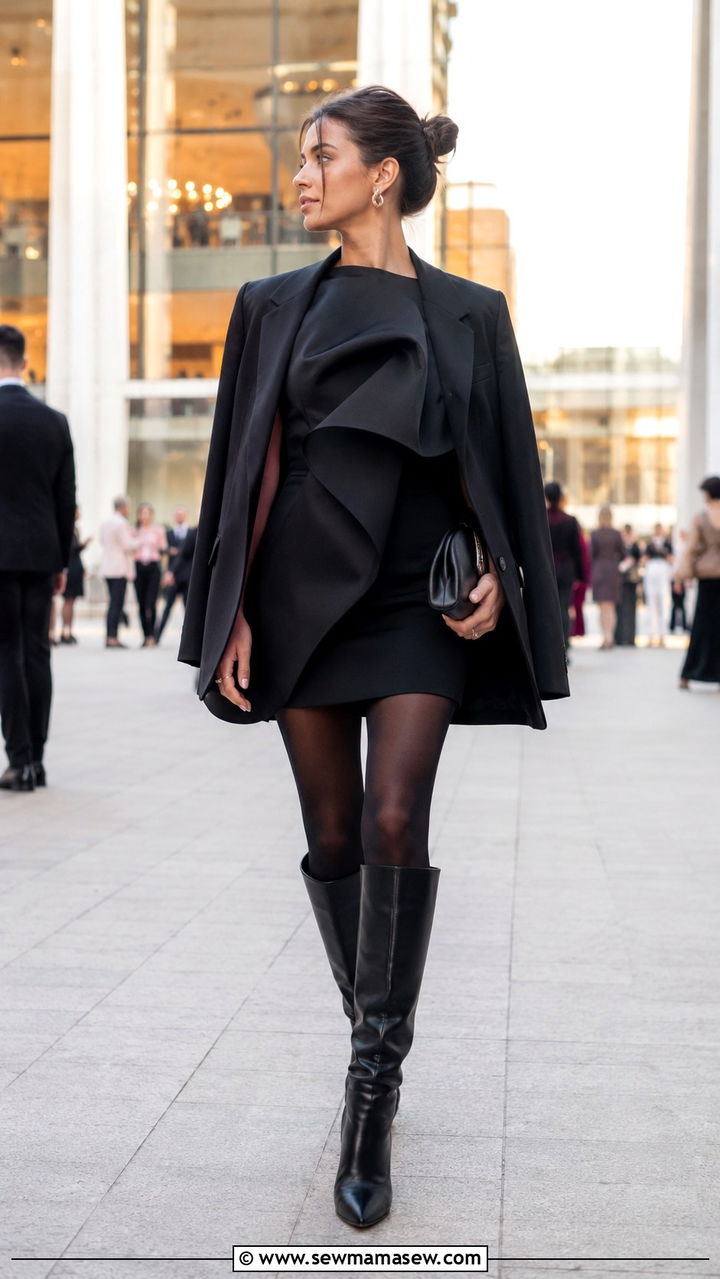 Black Mini Dress With Opaque Tights And Knee High Boots - 30 Opera outfit ideas