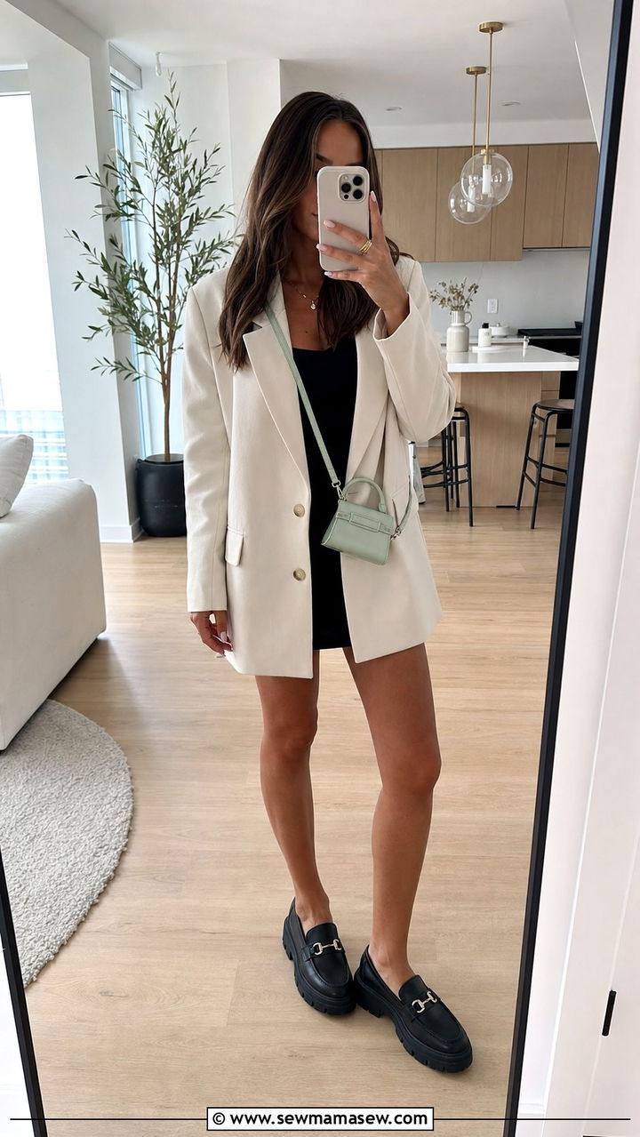 Black Mini Dress With Oversized Blazer and Loafers - 25 spring little black dress outfit ideas