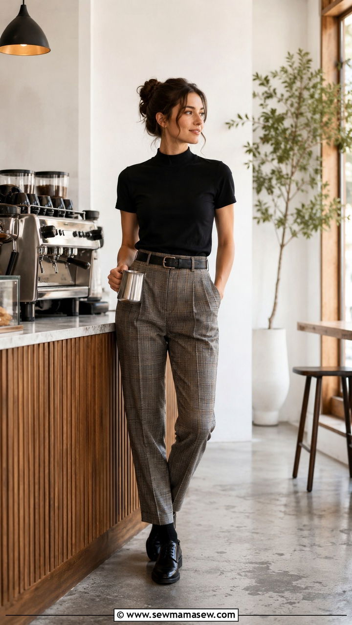 Black Mock Neck Tee with Plaid Trousers and Oxford Shoes - 30 Spring outfit ideas for barista