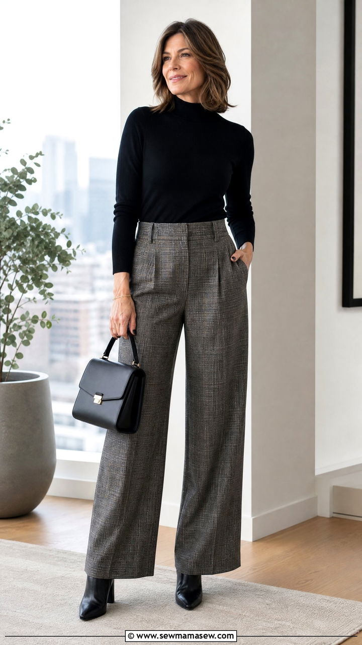 Black Mock Neck Top With Plaid Trousers Women Over 40 - 35 Minimalist outfits for women over 40