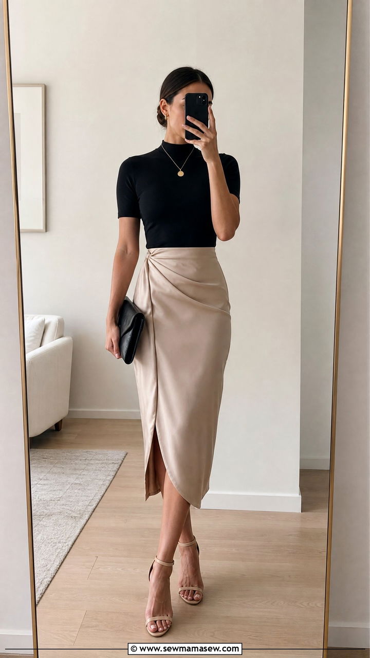 Black Mock Neck Top and Satin Midi Skirt Office Look - 35 Minimalist work outfit ideas