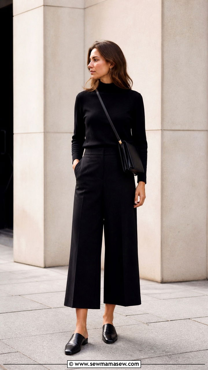 Black Mock Neck Top with Cropped Wide Leg Trousers - 40 business casual outfits for women