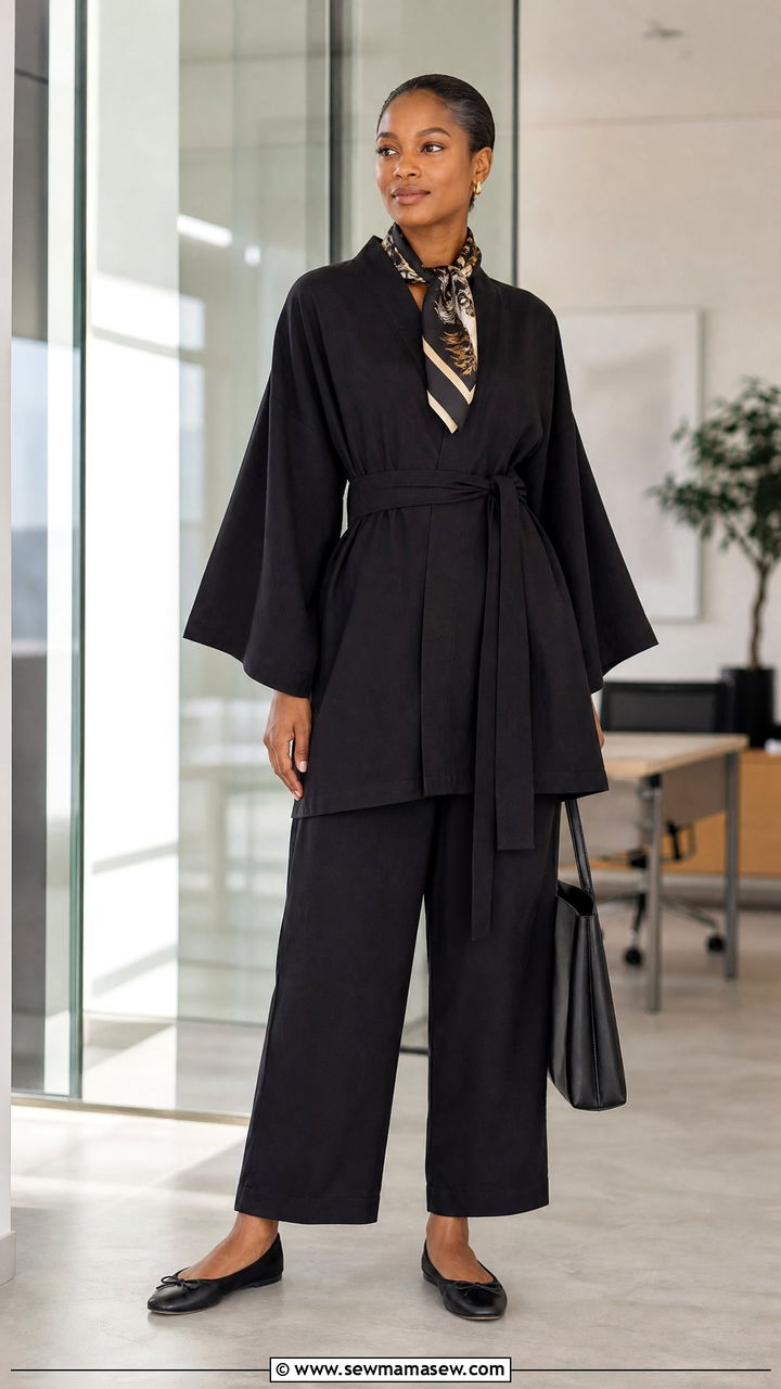 Black Modest Kimono and Trousers Set - 25 Kimono matching set outfit ideas