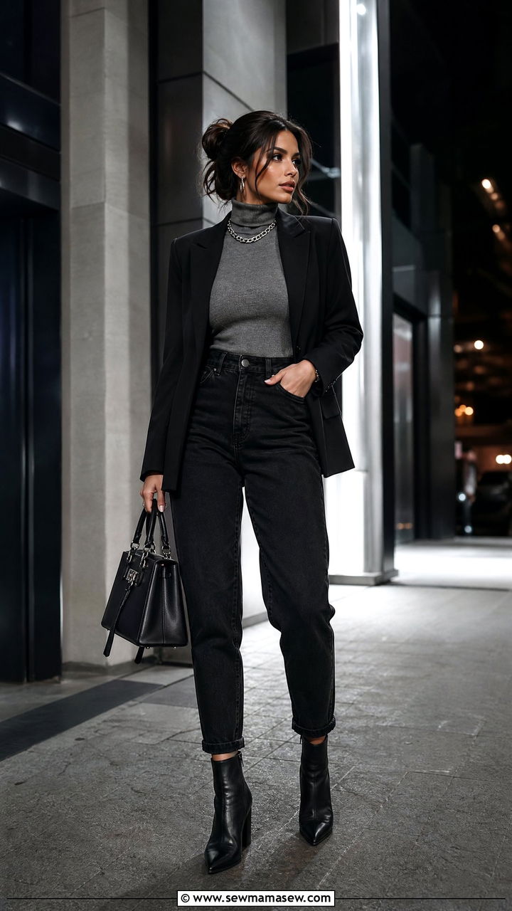 Black Mom Jeans With A Blazer And Heeled Boots - 25 Spring outfits with mom jeans