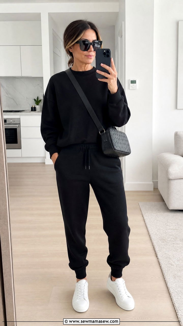 Black Monochrome Lounge Set With White Sneakers - 30 Matching set outfit ideas for women over 40