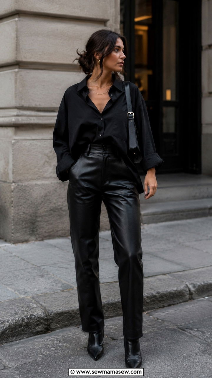 Black Monochrome Outfit With Leather Pants And Oversized Shirt - 30 Monochromatic black outfits