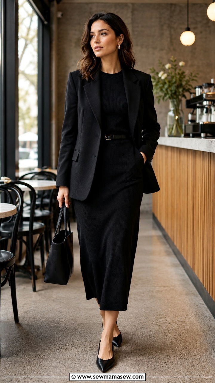 Black Monochrome Outfit With Midi Dress And Structured Blazer - 30 Monochromatic black outfits