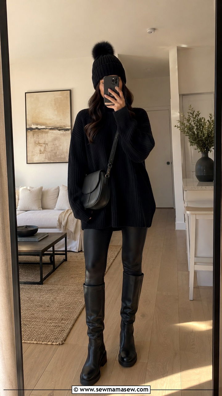 Black Monochrome Outfit With Oversized Sweater And Leggings - 30 Monochromatic black outfits