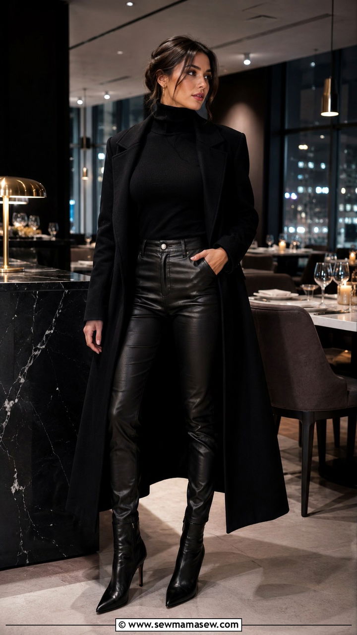 Black Monochrome Outfit With Turtleneck And Leather Pants - 30 Monochromatic black outfits