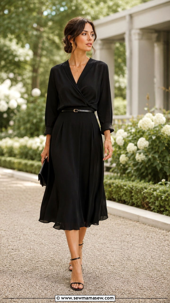Black Monochrome Outfit With Wrap Top And Midi Skirt - 30 Monochromatic black outfits