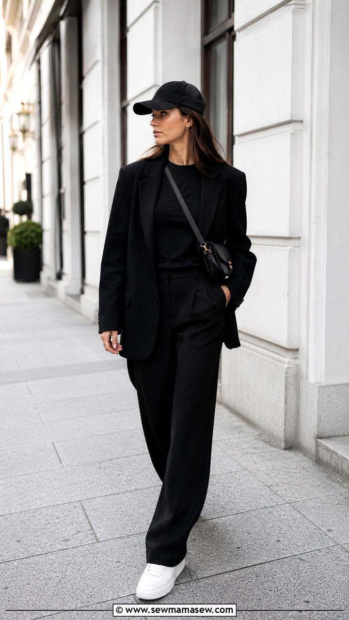 Black Monochrome Street Style With Oversized Blazer And Sneakers - 30 Monochromatic black outfits