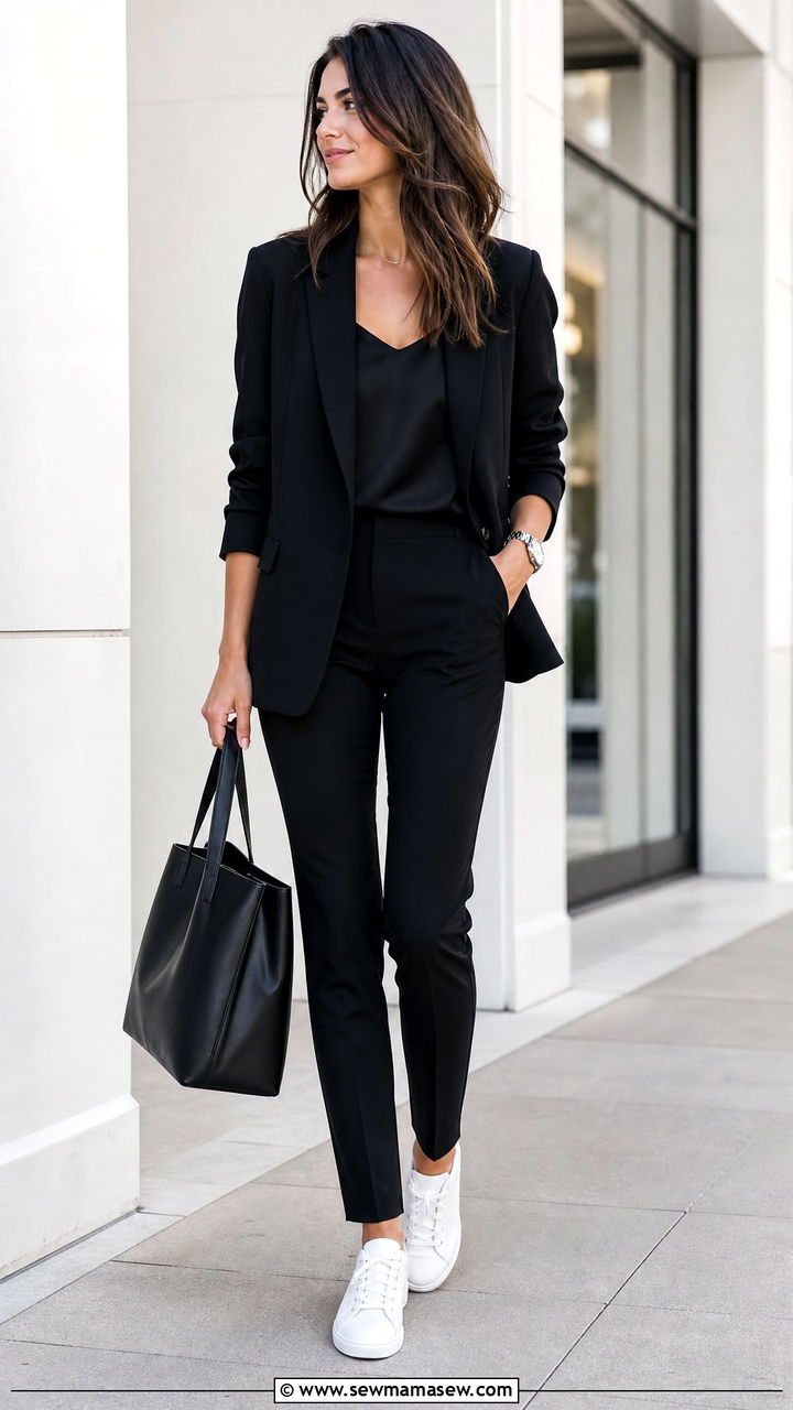 Black Monochrome Suit With White Sneakers - 35 Modern business casual outfits