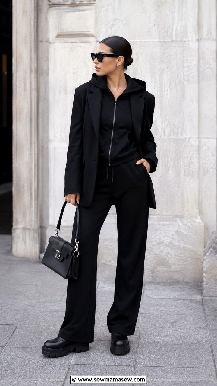Black Monochrome Tracksuit With Chunky Boots - 30 Track suit matching set outfit ideas