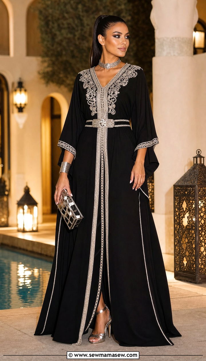 Black Moroccan Kaftan Outfit With Silver Accessories - 25 Eid outfit ideas Moroccan