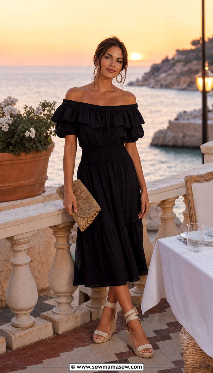 Black Off Shoulder Dress With Espadrilles - 25 summer black dress outfit ideas