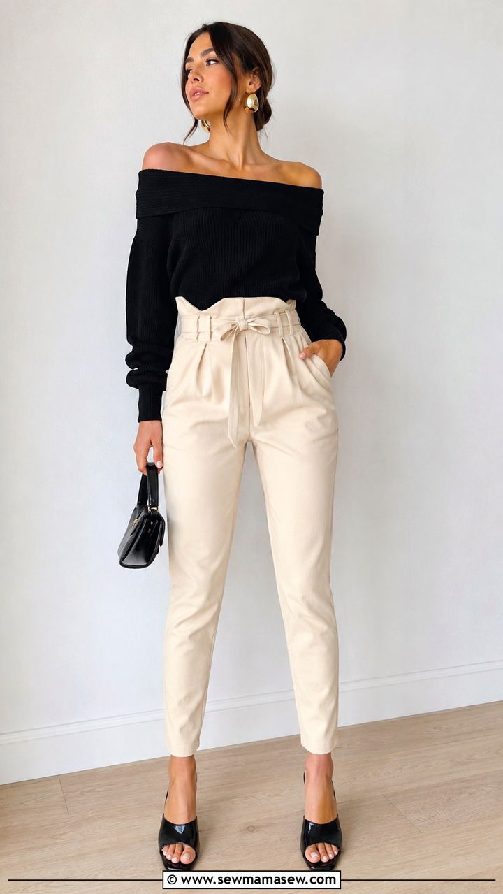 Black Off Shoulder Top With Paper Bag Waist Pants And Mules Outfit - 30 casual glamoratti outfits