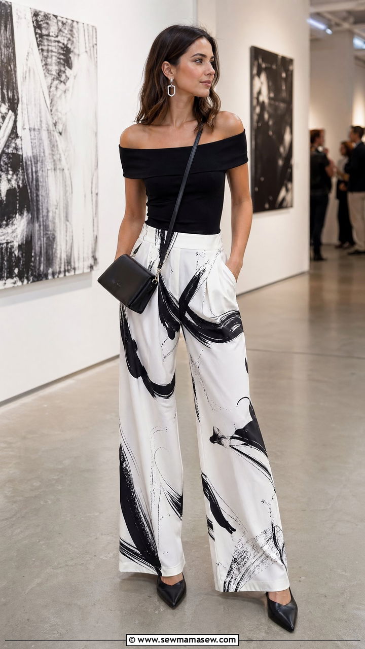 Black Off Shoulder Top With Printed Palazzo Pants - 35 Elegant summer outfits