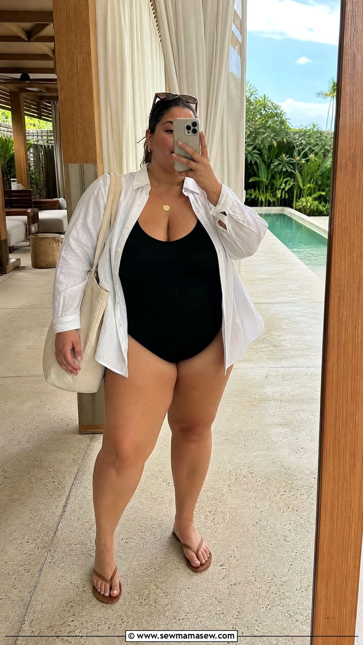 Black One Piece Swimsuit With Linen Cover Up - 30 Plus size swimsuit outfit ideas