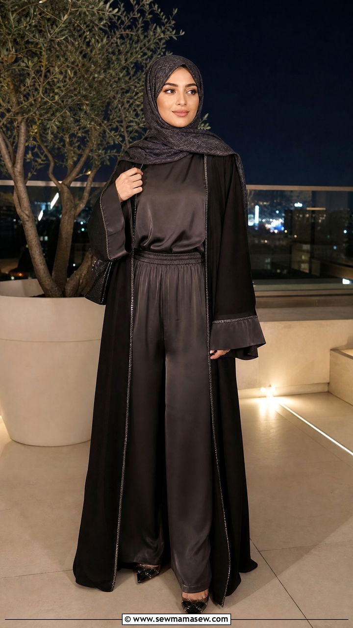 Black Open Abaya With Wide Leg Trousers - 40 Eid outfit ideas for women