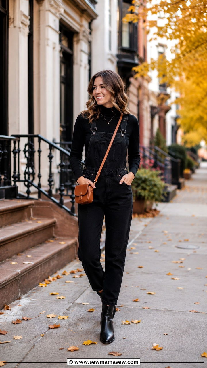 Black Overalls With Turtleneck and Ankle Boots - 30 How to style overalls