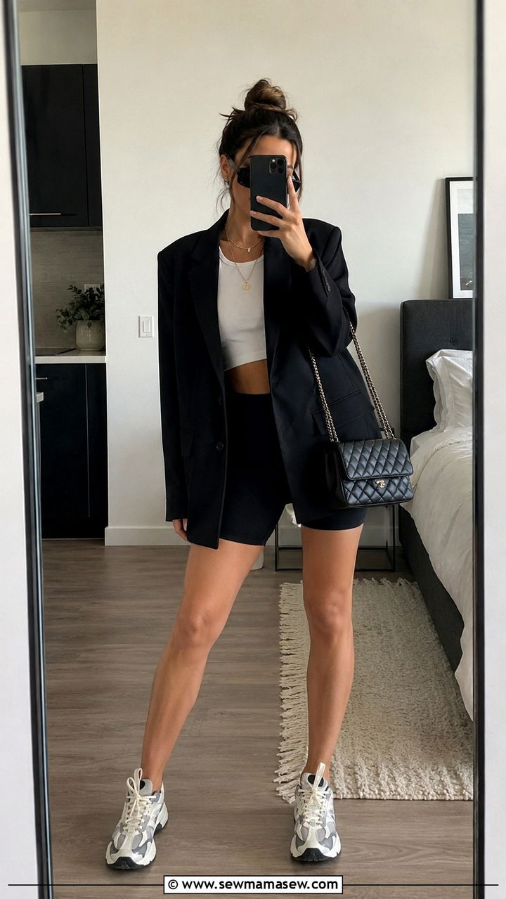 Black Oversized Blazer With Biker Shorts - 30 Oversized blazer outfit ideas with shorts