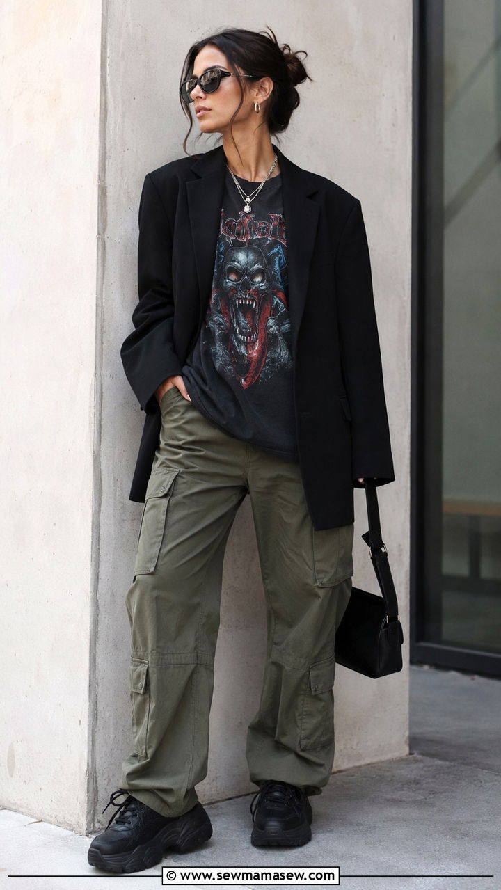 Black Oversized Blazer With Graphic Band Tee And Cargo Pants - 30 casual edgy outfits