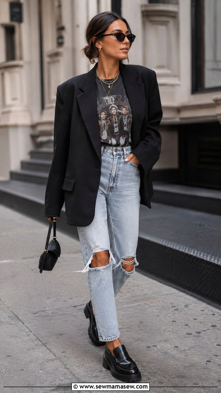 Black Oversized Blazer With Graphic Tee And Ripped Jeans - 30 Oversized blazer outfit ideas with loafers