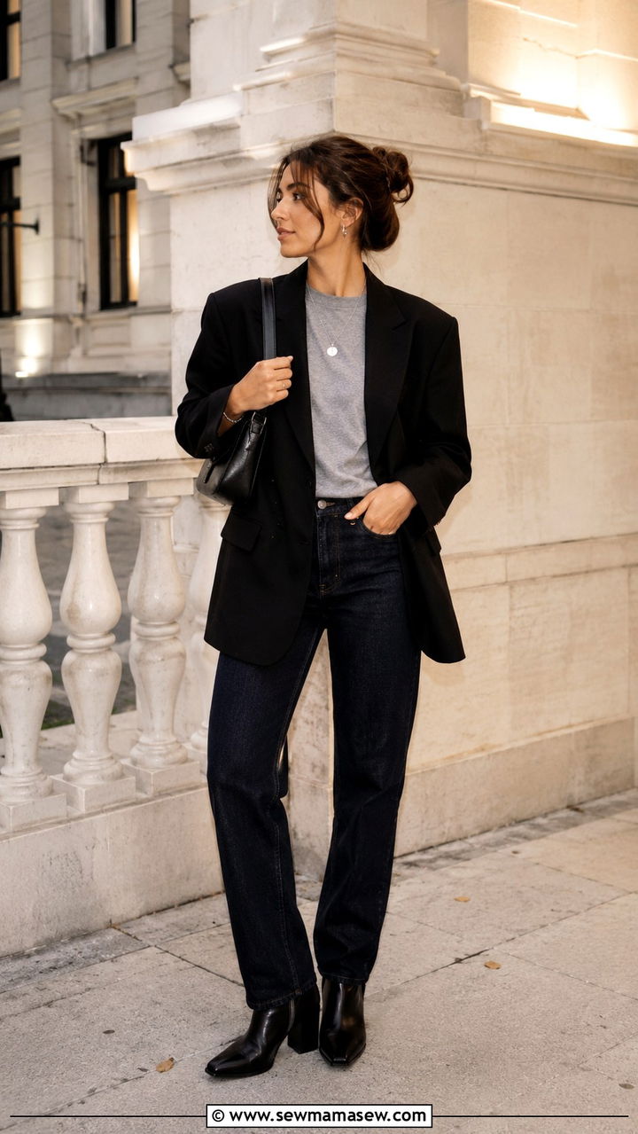 Black Oversized Blazer With Grey Tee And Dark Denim Jeans - 30 casual clean girl outfits