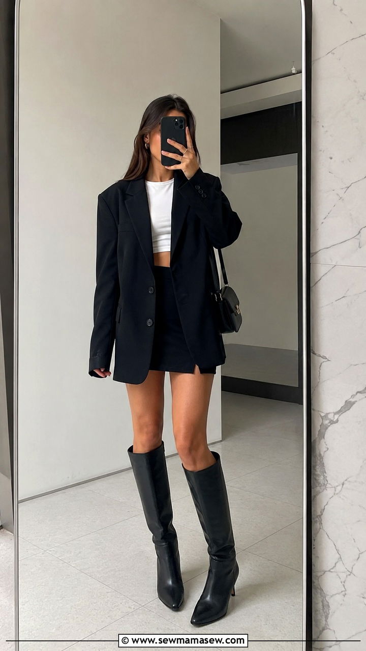 Black Oversized Blazer With Mini Skirt And Knee Boots - 30 Pinterest outfits to copy